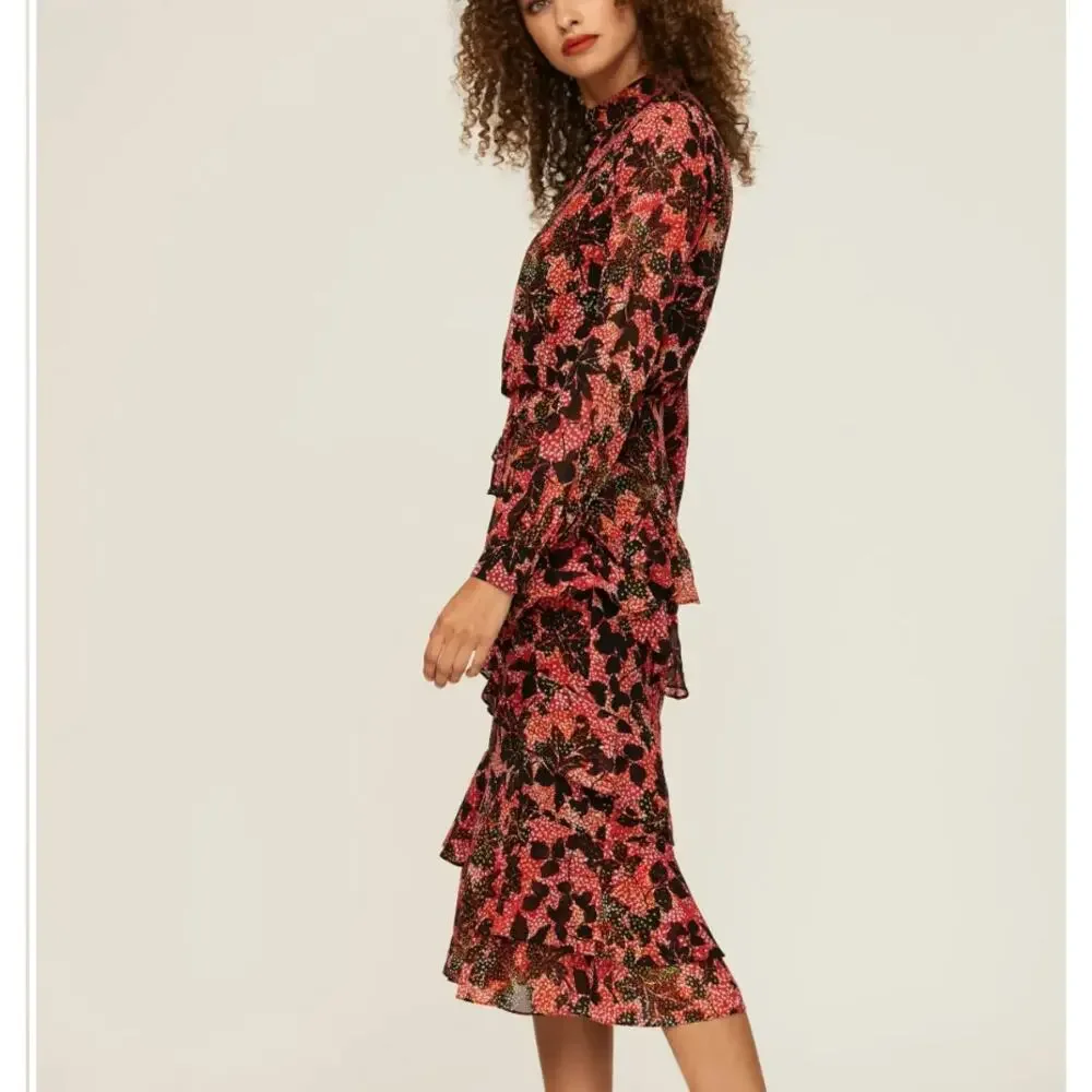 Saloni Floral Chiffon Midi Dress SIZE 4 Silk Ruffle Mockneck Work Designer $700 - Picture 3 of 12